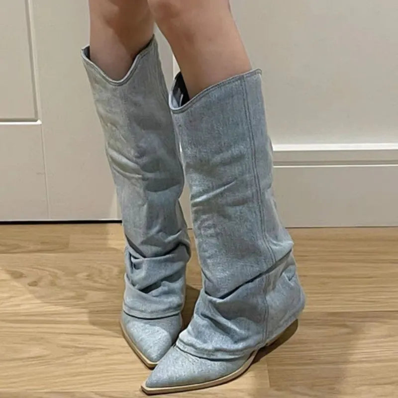 New Blue Denim Knee High Boots Women Pointed Toe Thick Heels Western Boots Woman Pleated Pull-On Long Cowboy Botas Mujer