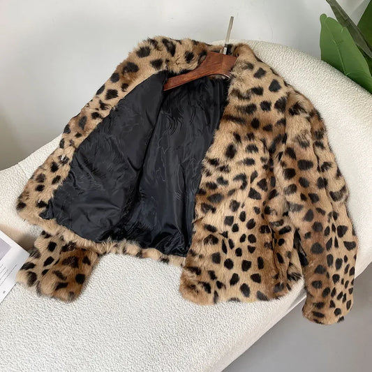 Real Natural Rabbit Fur Coat Leopard Short Jackets New Fashion Turn-Down Collar Outerwear Streetwear Leopard Winter Jacket Women Thick Warm Elegant Coat Female Girls Winter Luxury Fashion Clothing Products