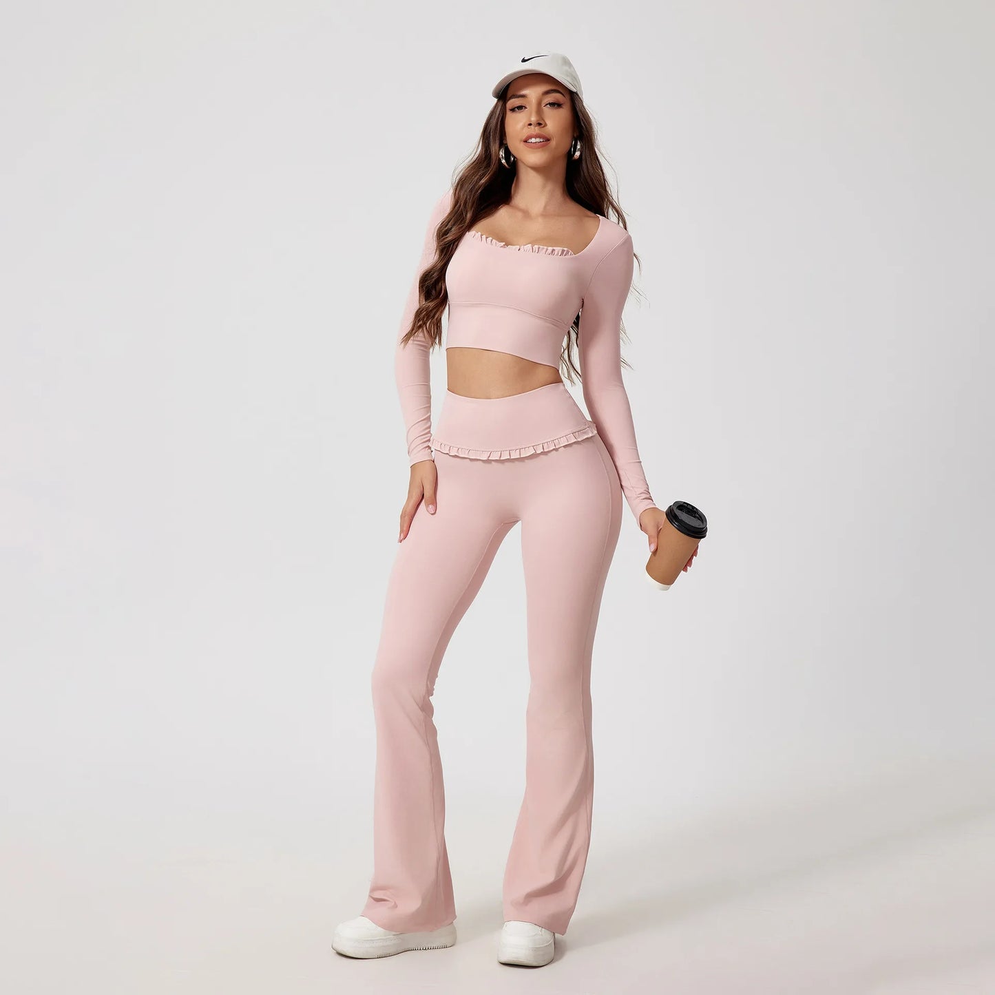 2PCS Set S-XL 6 Colors Naked Square Neck Yoga Set Sports Fitness High Waist Nude Quick-drying Long-sleeved Outdoor Running Workout Clothes Gym Suit