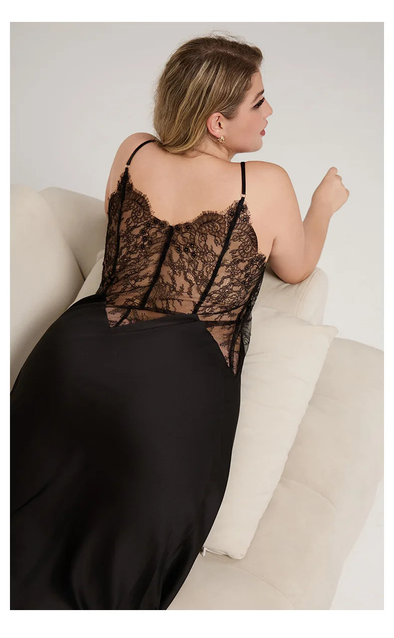 For Curvy Ladies UK Oversize XL-5XL Long Nightgown Sleepwear Sexy Patchwork Hollow Out Lace Lingerie Nightdress Loose Ice Silk Home Wear  Big Women Loungewear