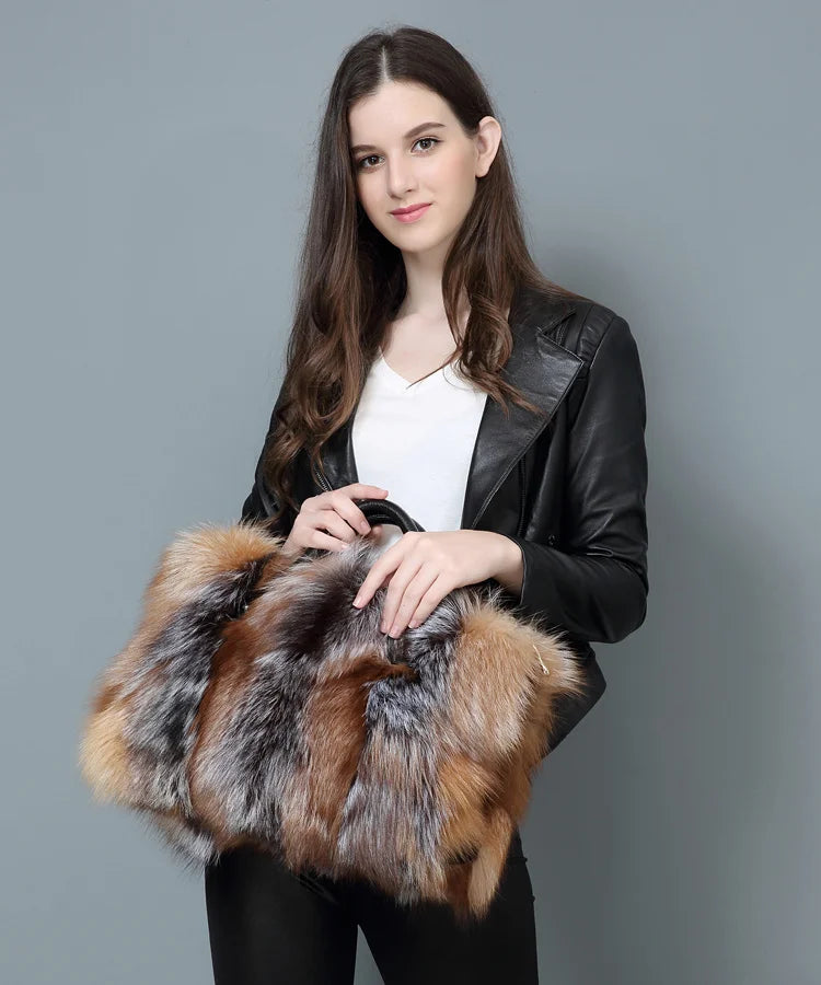 Super Luxurious Real Fox Mink Fur Handbags Winter Women Leather Bag Fashion Shoulder Bags Real Silver Fox Fur Messenger Bags Female Evening Party Bag Outdoor Travel Bags Ladies Luxury Winter Fashion Clothing Accessories Produ
