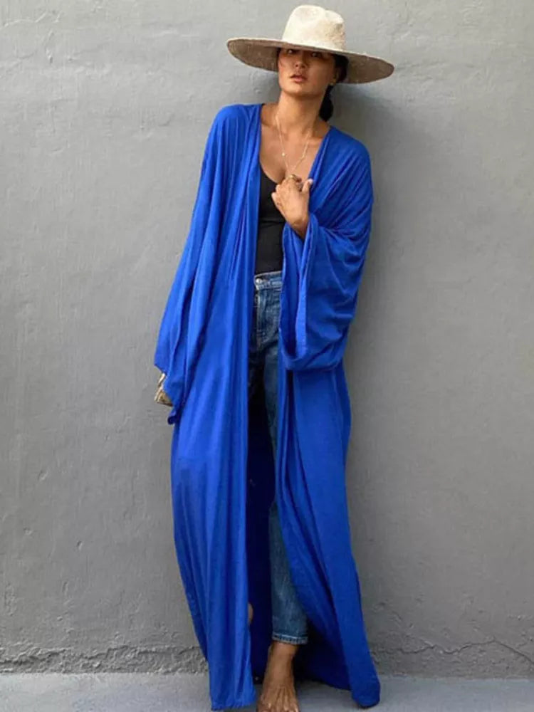 Solid Beach Cover Up Women Self Belted Wrap Kimono Dress Swimsuit New Robe Summer Beachwear Factory Supply