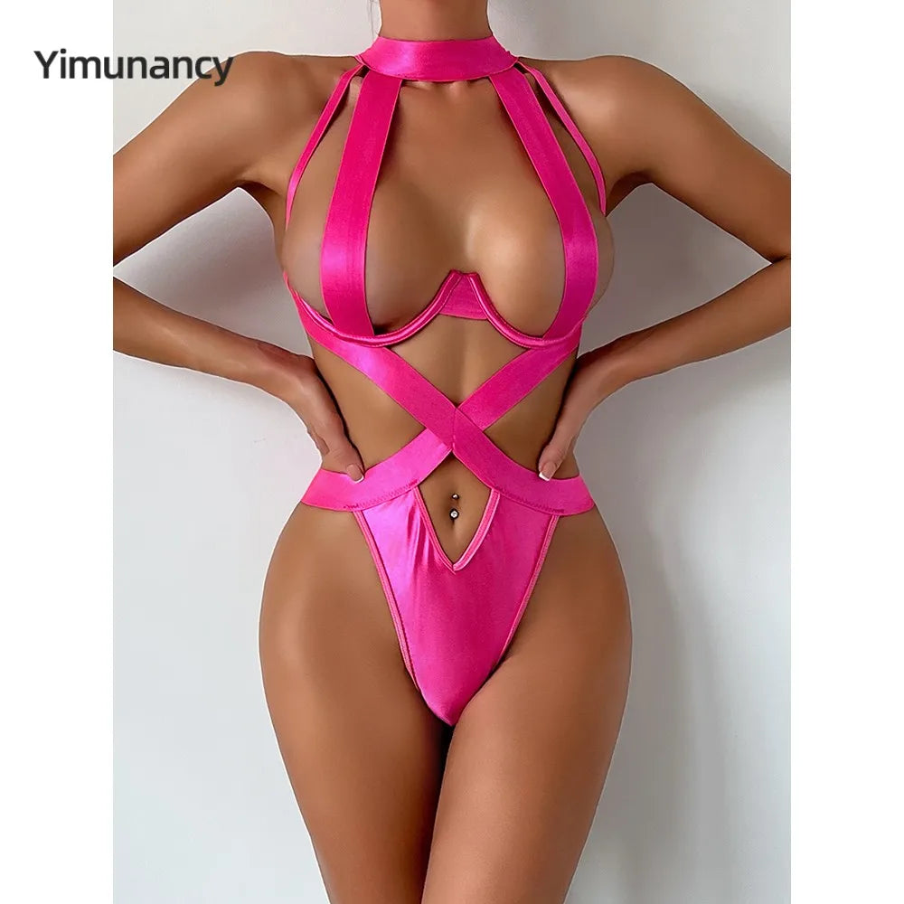 Yimunancy Erotic Halter Bandage Bodysuit Women Cut Out Sexy Badydoll Bodysuit Backless Thong Body Femme