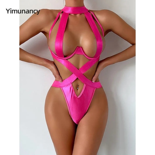 Yimunancy Erotic Halter Bandage Bodysuit Women Cut Out Sexy Badydoll Bodysuit Backless Thong Body Femme