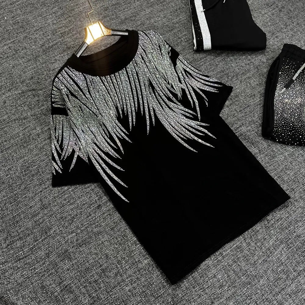 150KG Luxury Plus Size Sets for Women Men Autumn Casual 2 Piece Sets Women Outfit with Sparkling Rhinestones Large Size Sets