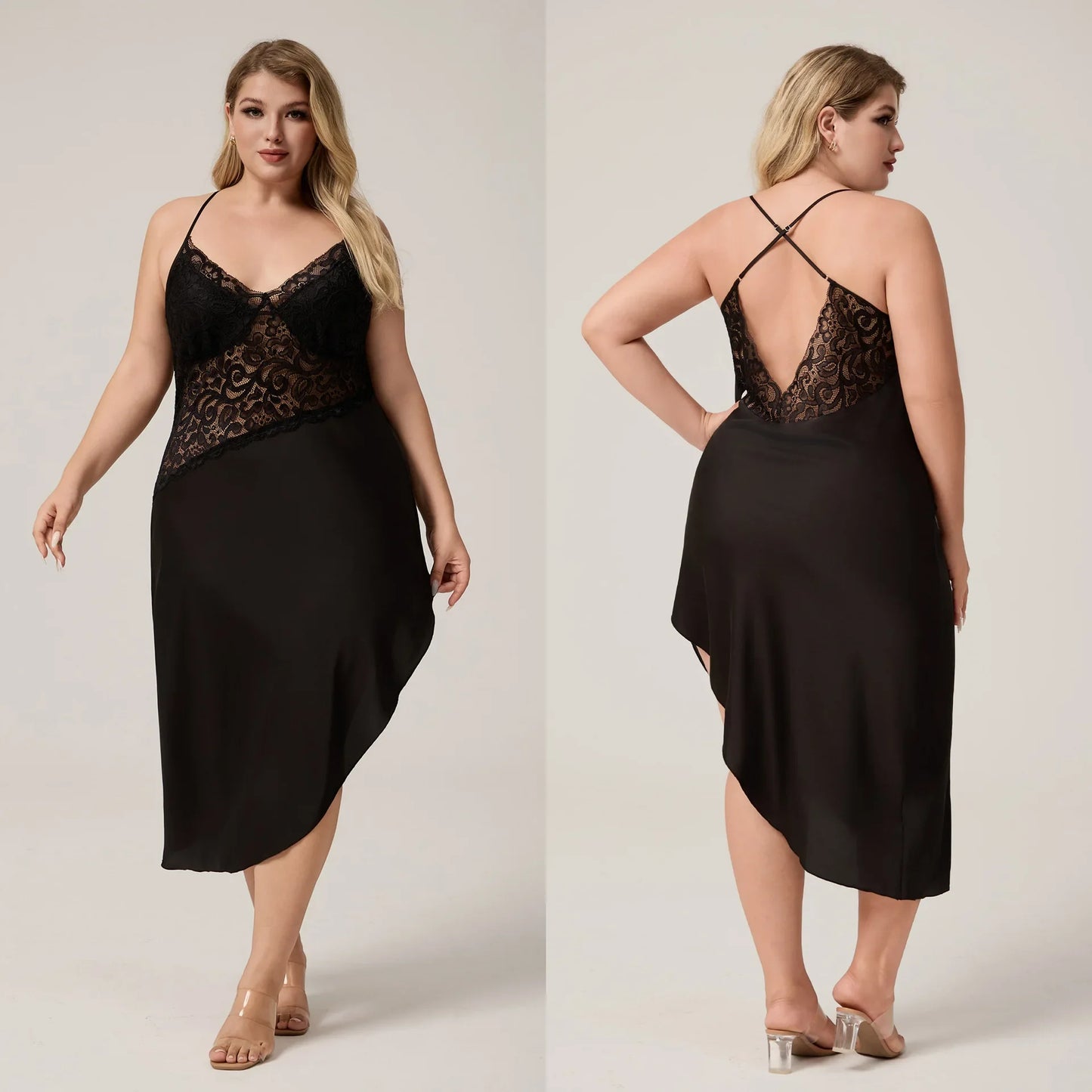 For Curvy Ladies UK Oversize XL-5XL Long Nightgown Sleepwear Sexy Patchwork Hollow Out Lace Lingerie Nightdress Loose Ice Silk Home Wear  Big Women Loungewear