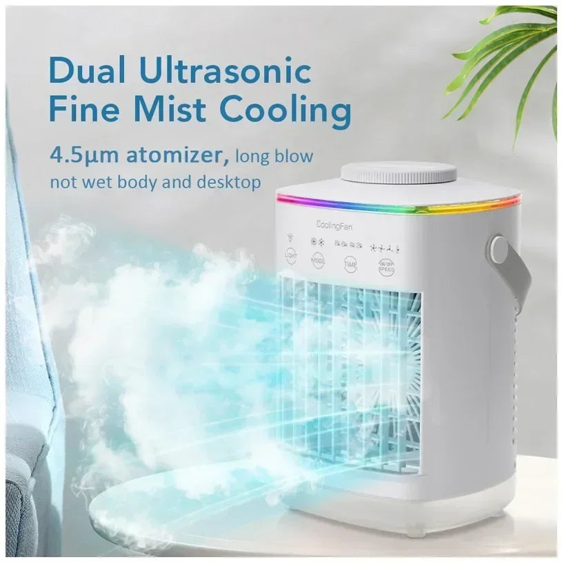 Home Office Air Conditioner Portable Fan Desktop Dual Spray Ultrasonic Atomization 3/4-Speed Mute Air Cooler Night Light for Outdoor Camping Beach Picnic Cooling Supplies
