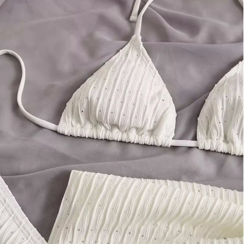 HOT SALE 3 PCS Set Summer White Halter Bikini  Women Sexy See Through Swimsuit Sexy Thong Swimwear With Sarong Skirt White Beachwear Suit