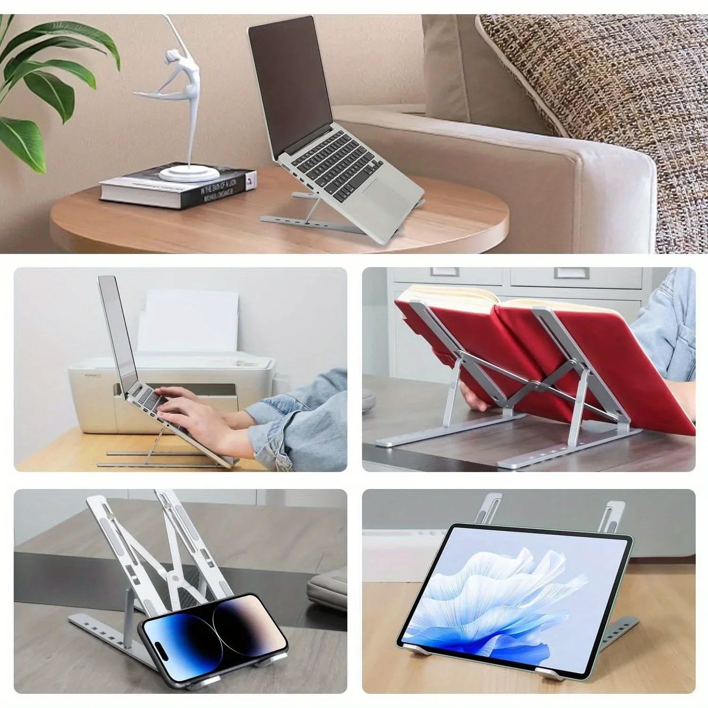 Black/White Color Adjustable Aluminum Laptop Stand - 6-Level Height, Foldable & Portable Design For 8-16” Laptops, Enhanced Ventilation & Heat