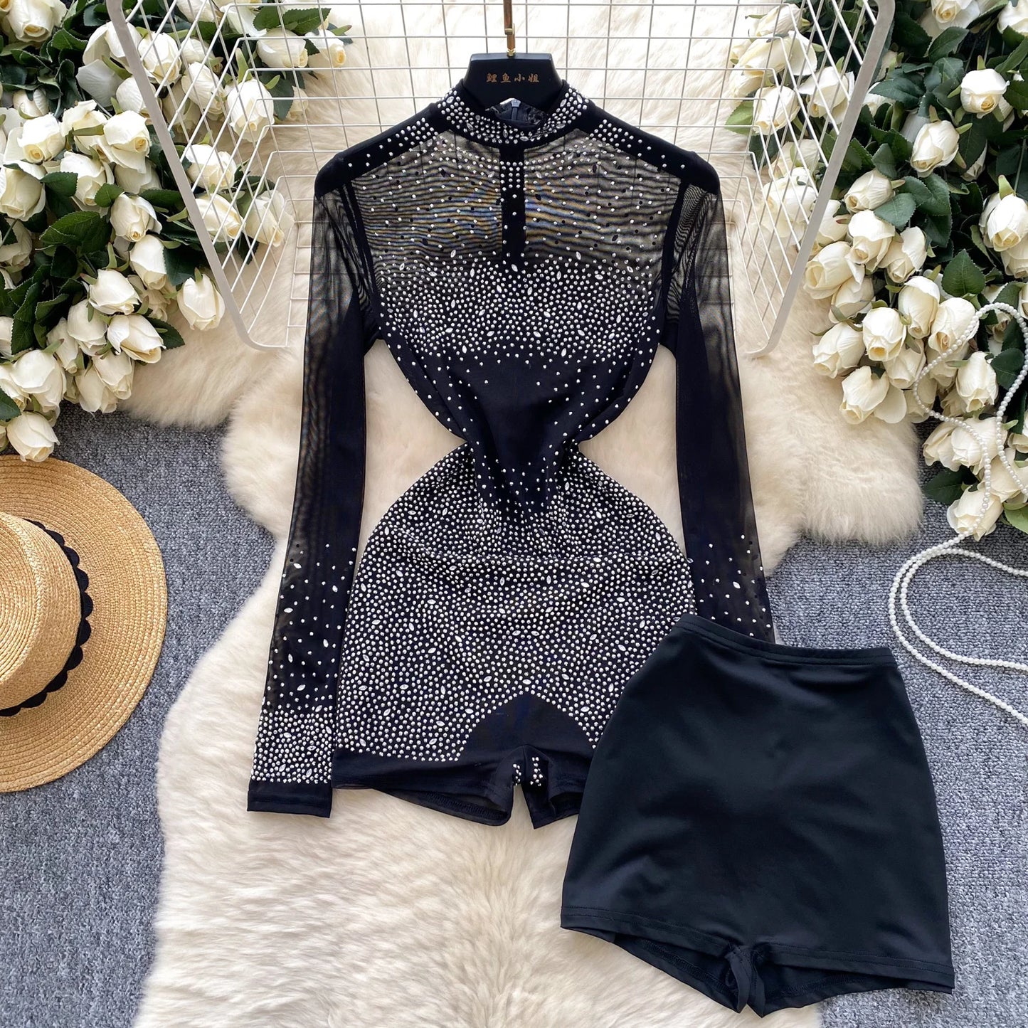 NEW S-2XL UK Plus Size Apricot/Black Color Summer Thin Sheer Sexy Viscose Bodysuit Long Sleeve Zipper With Shorts Design Rompers Beadings Streetwear Women Mesh Playsuits