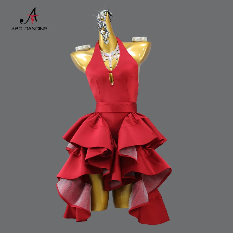 New Arrivals Red Latin Dance Dress Sexy Ladies Ballroom Party Show Costume Practice Wear Line Clothing Women Sport Party Skirt Customized Ladies Competition Dancing Dress