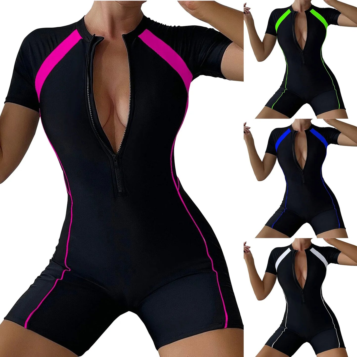 Women'S One-Piece Swimsuit Solid Color Patchwork Short Sleeved Zippered Flat Angle Shorts Swimsuit Sexy Tight Surfing Suit