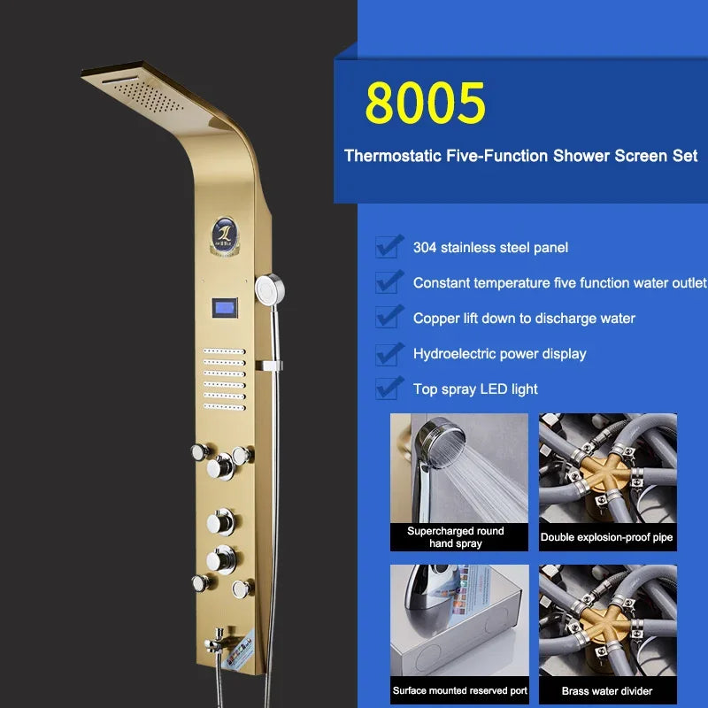 Luxury Stainless Steel Home Improvement LED Lights Shower Faucets Luxury Bathroom Faucet Set Bather Thermostat Shower Screen Shower Electronic System Kit Home Bathroom Supplies