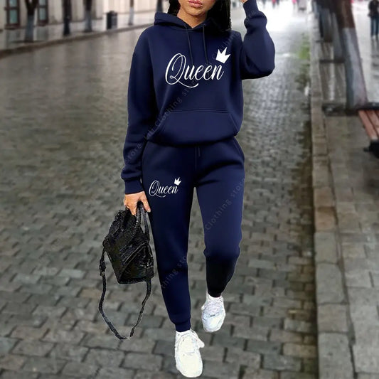 NEW 2PCS Set S-3XL UK Plus Size 10 Colors Queen Letter Graphic Women's Sets Hoodies Pants Suit Autumn Winter Sports Jogging High quality Aesthetic Tracksuit