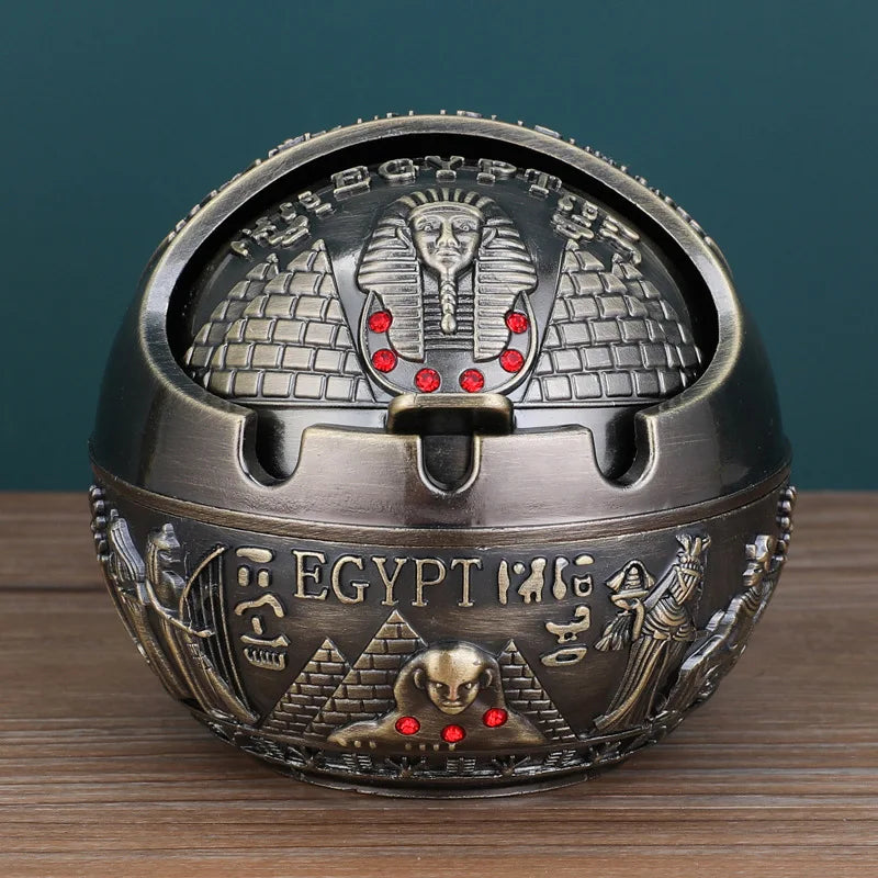 Collectible Ancient Egyptian Tutankhamun Pharaoh Ashtray Zinc Alloy Metal With Cover Anti-Fall Windproof Ashtray Home Living Room Tea Room Table Decoration