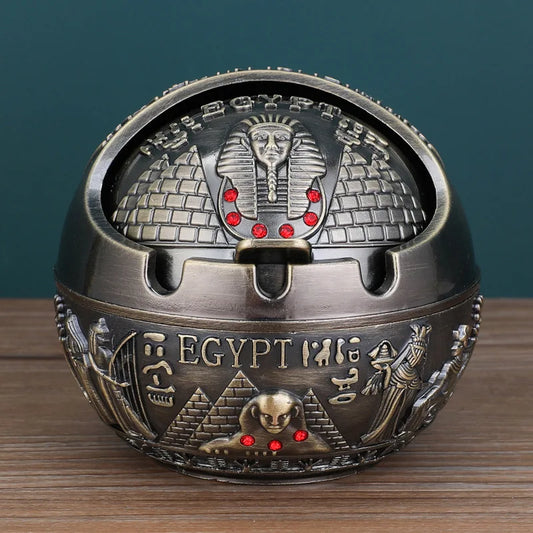 Collectible Ancient Egyptian Tutankhamun Pharaoh Ashtray Zinc Alloy Metal With Cover Anti-Fall Windproof Ashtray Home Living Room Tea Room Table Decoration