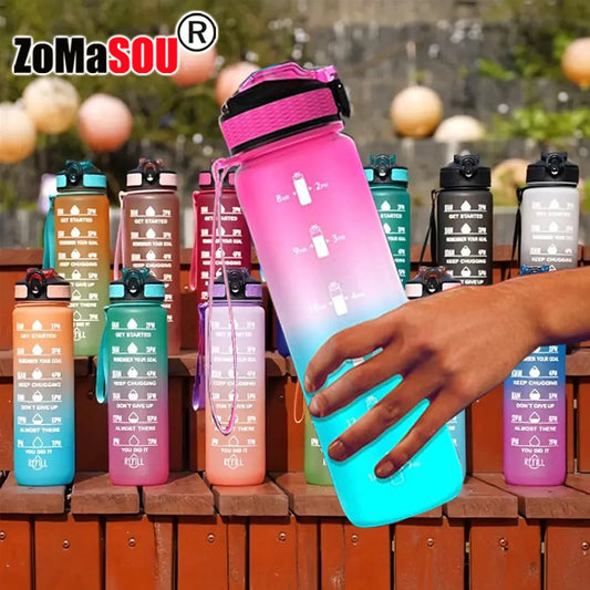 1L Sports Bottle with Time Marker Gradient Color Motivational Bottle Leakproof Portable For Outdoor Travel Gym Fitness Office