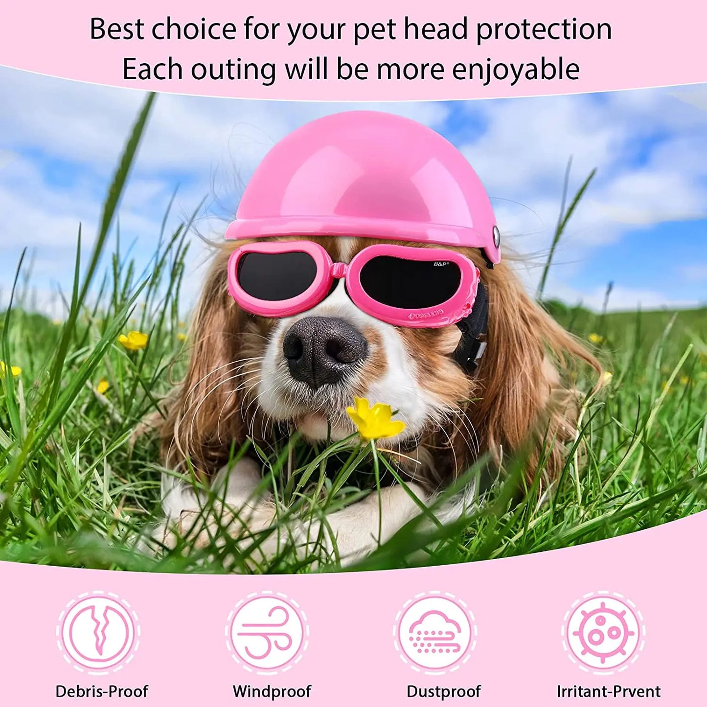 Dog Sunglasses and Pet Helmet Set with Dog Goggles, Dust Wind UV Protection Dog Glasses Dog Helmet and Goggles Adjustable Hat