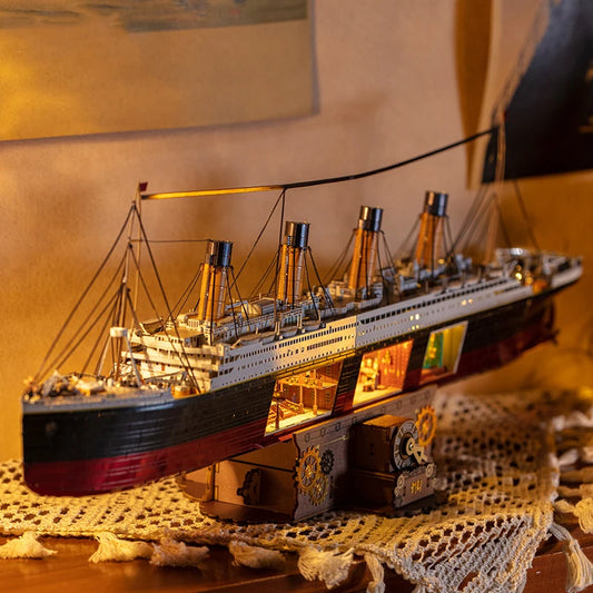 DIY 3D Metal Puzzle Titanic Ship Model Building Kits Assembly Boat Jigsaw Puzzles with USD Lights for Adults Birthday Gifts