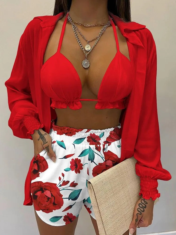New Women's Sexy Fashion Set Spring/summer Solid Color Print 3-piece Set Beach Casual Coat Shorts Women's 3-piece Set