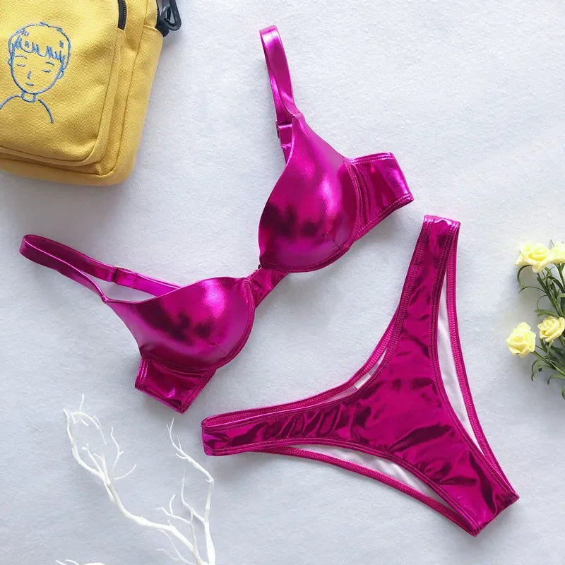 NEW Arrivals 4 Colors Sexy Ladies Metallic Summer Push Up Padded Bra Bathing Suit Beach Wear Women Sexy Thong Bikini Set Silver Gold Swimwear Suit