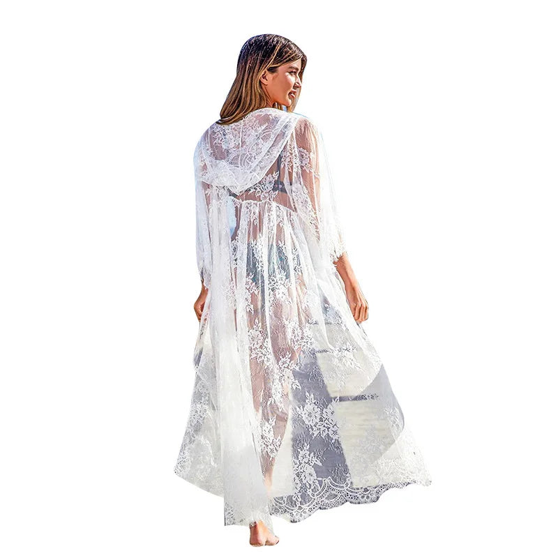 NEW Embroidered Lace Medium To Long Sunscreen Shirt Bikini Top Beach Hoodie Women Swimwear Cover Ups Maxi Dress