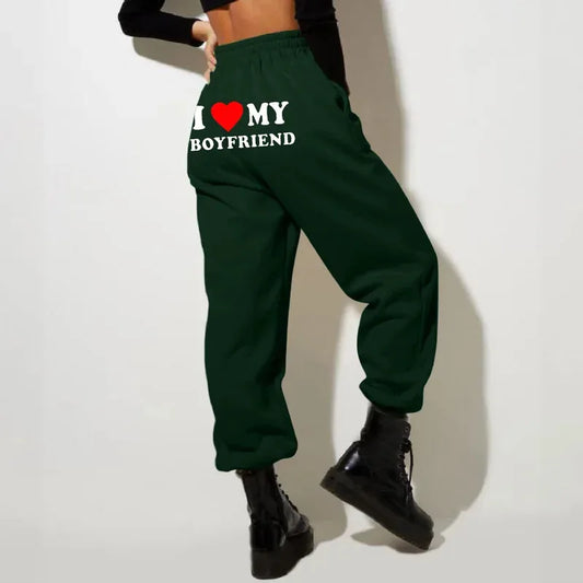 S-3XL UK Plus Size 10 Colors Women’s Fleece Lined Sweatpants  Love My Boyfriend Print Pants Bottom Sweatpants Joggers Pants High Waisted Pants