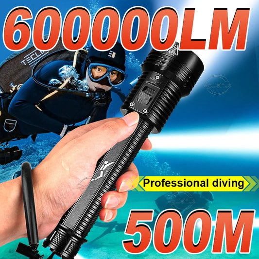 NEW Arrivals Top Quality 600000LM LED Scuba Dive Flashlight Super Bright Professional Diving 500M Underwater Lantern IPX8 Waterproof Fishing Flash Light Water Sports Supplies