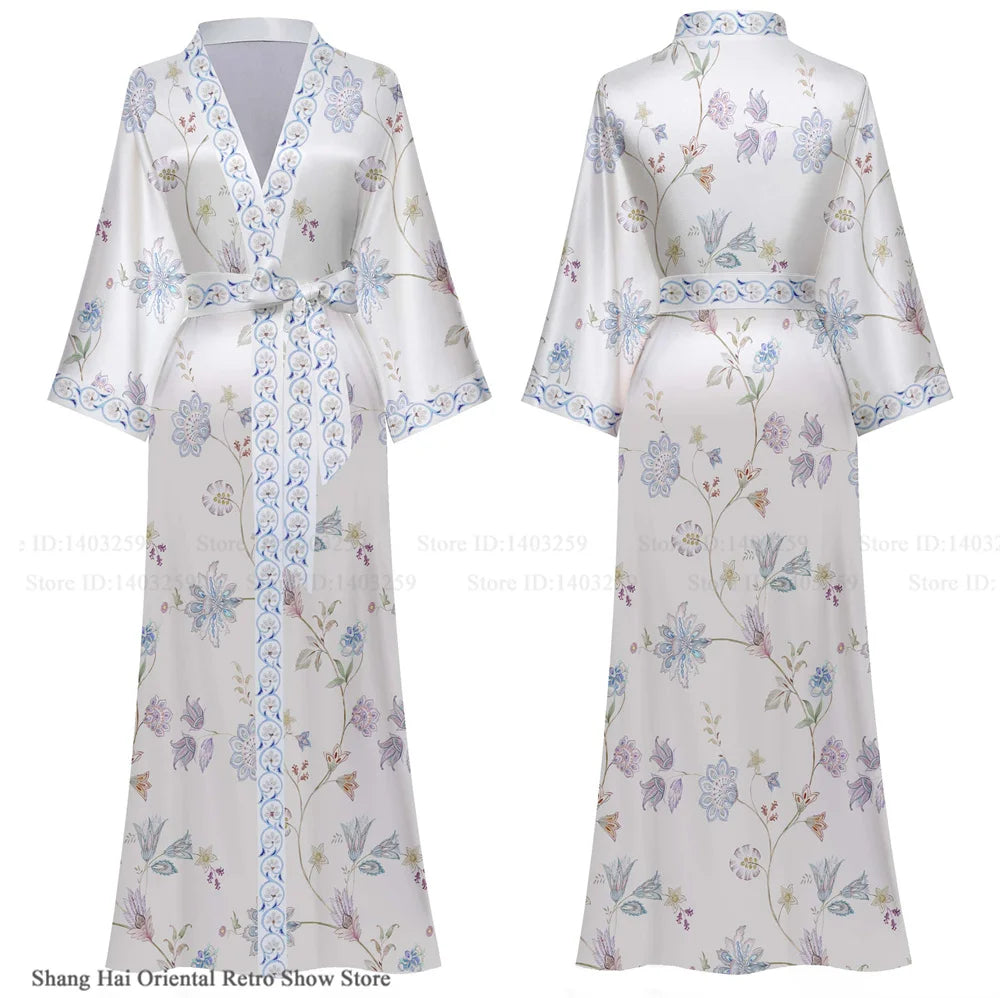 NEW Luxury Japanese Silk Elegant Flower Women Long Robe Loungewear Silky Satin Kimono Bathrobe Gown Spring Autumn New Sleepwear Home Dress Negligee