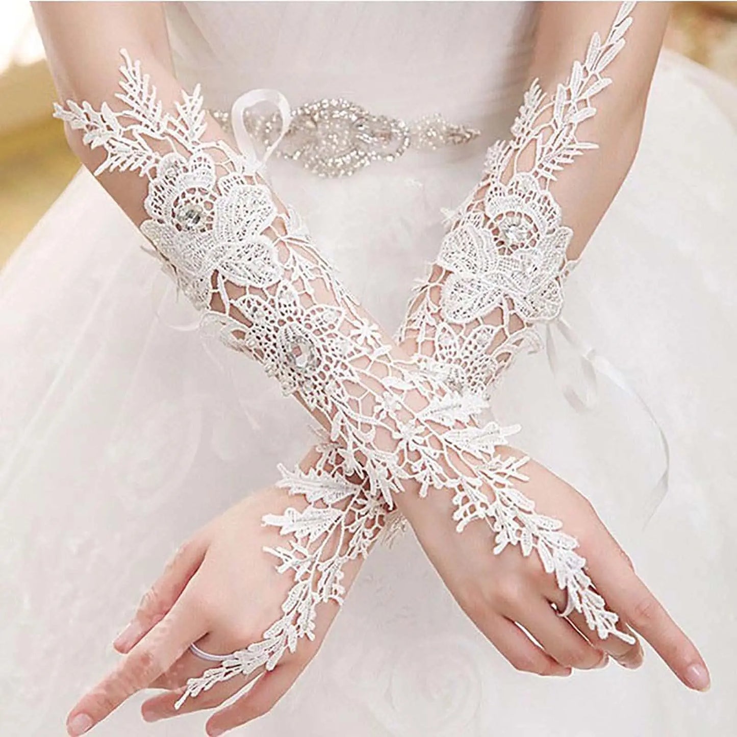 Crystal Women's Wedding Gloves Fingerless Elbow Bridal Gloves Floral Ivory Long Gloves Wedding Accessory for Bride