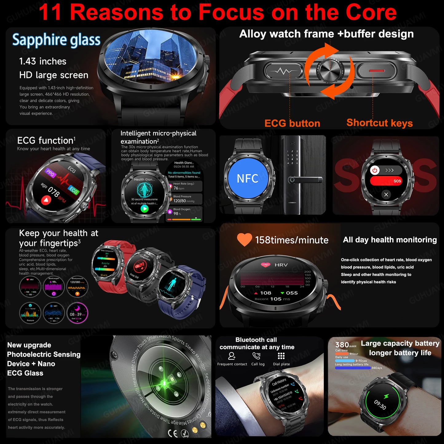 New Laser Therapy ECG Blood Pressure Smart Watch Uric Acid Blood Lipid Organ monitor Clock NFC BT Call Health Watches Men Health Care Supplies