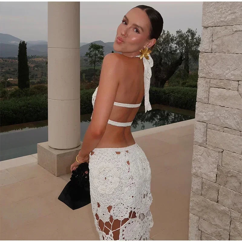 NEW Arrivals S(8) -XL(16-18) UK Size Sexy Handmade Crochet Floral Hollow Out Long Dress Women Halter Backless Lace Up Female Evening Beach Party Dresses Summer Lady Holiday Party Maxi Gown
