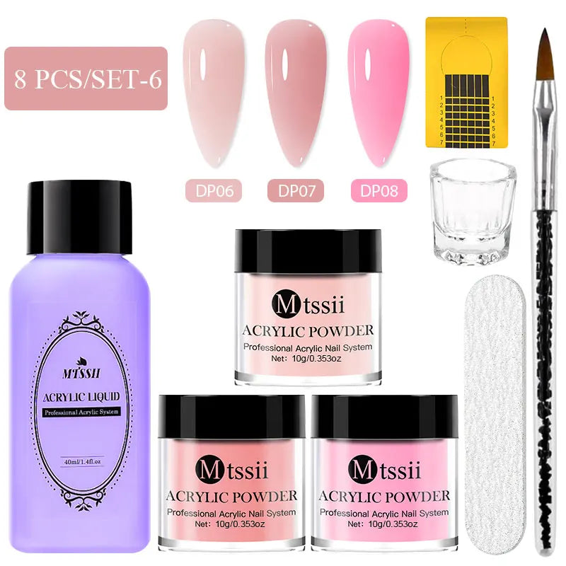 8pcs Nail Acrylic Powder Liquid Set Clear Nude Pink Monomer Liquid Set With Nail Brush For Nails Extension Carving Flower DIY Women Beauty Salon Spa Accessories Nail Care Tools Set