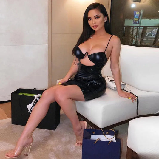 NEW Spaghetti Straps Hollow Out Sexy High Waist Slim Black Solid Summer Women New Fashion Party Bodycon PU Leather Mini Dress