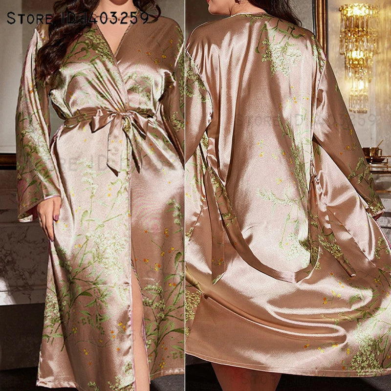 Plus Size XL-5XL 4 Colors Female Long Ice Silk Robe Sleepwear Spring Summer New Satin Kimono Bathrobe Gown Loose Casual Silk Satin Home Dress Lounge Wear