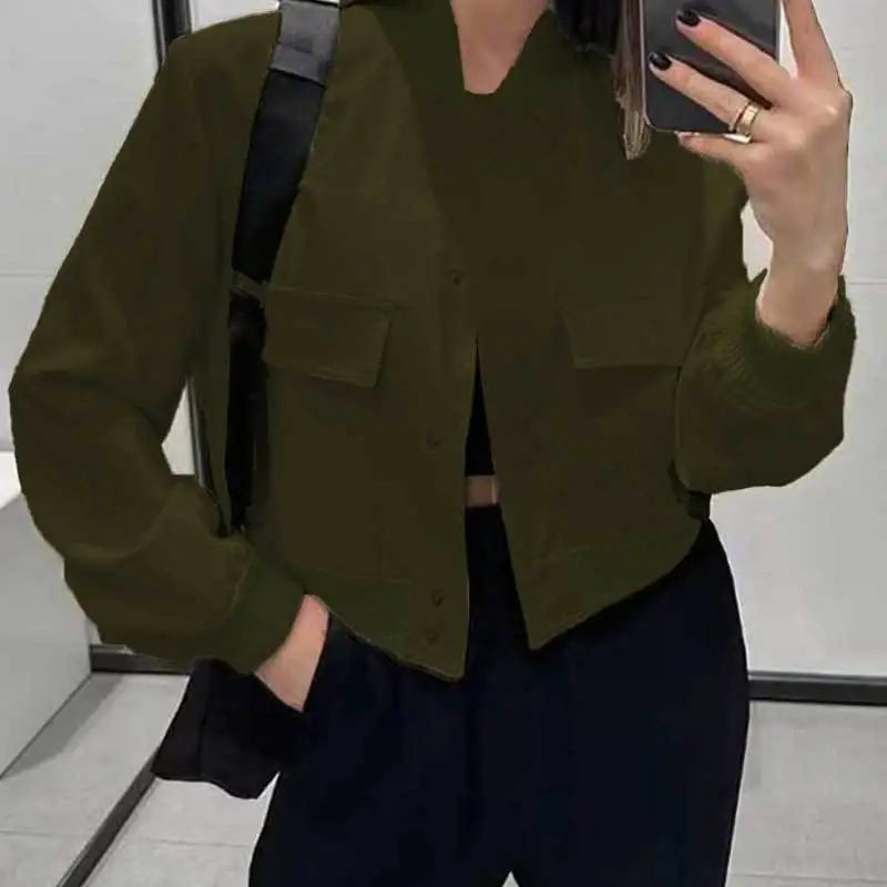 NEW Arrivals S-3XL 4 Colors Fashion Women Elegant Solid Bomber Jacket Long Sleeve Button Slim Cropped Coat Female Casual Chic Tops Woman Streetwear