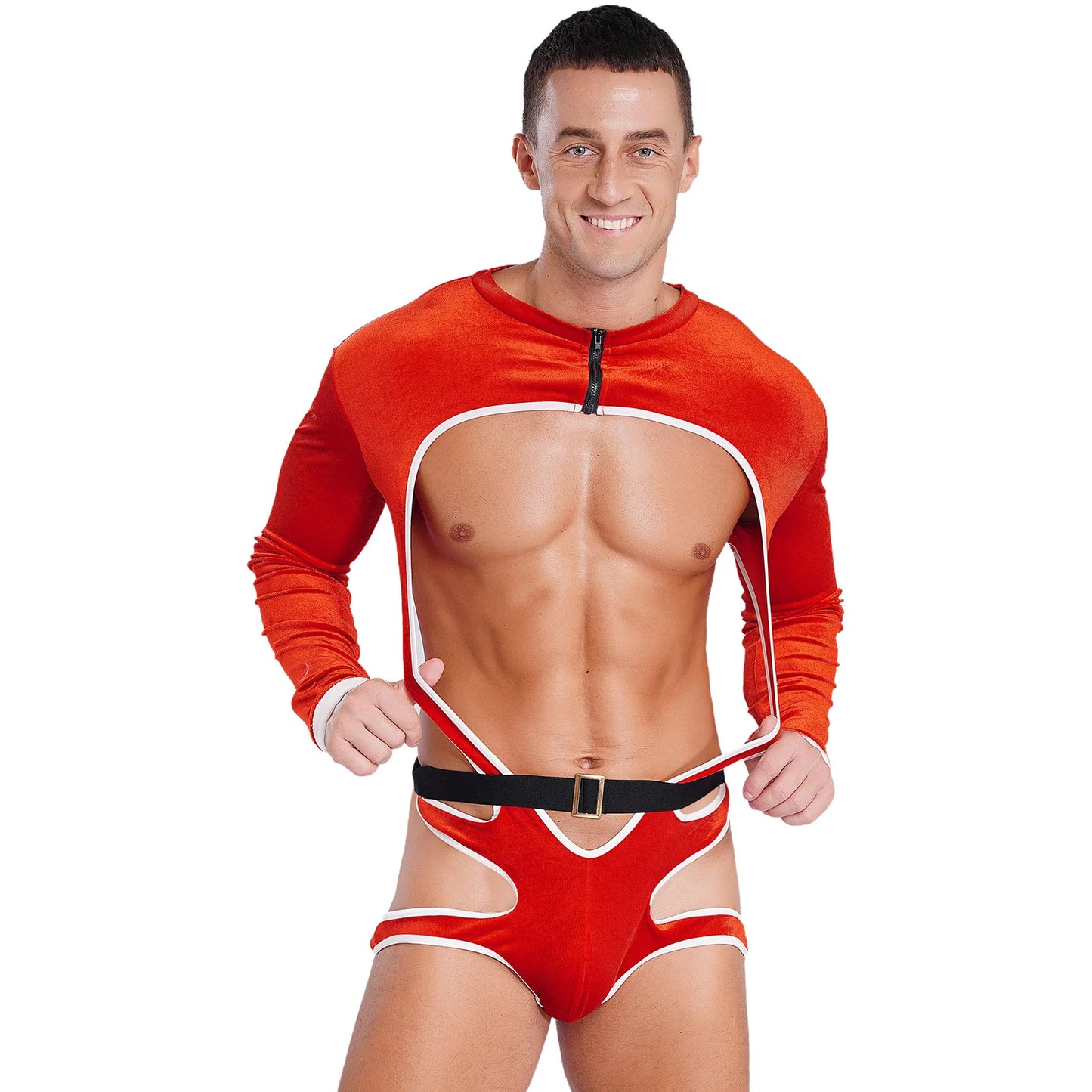 Sexy Gay Men Christmas Santa Claus Role Play Bodysuit Long Sleeve Cutout Bulge Pouch Open Butt Leotard Nightwear Festival Holiday Party Men Fashion Clothing Suits Products