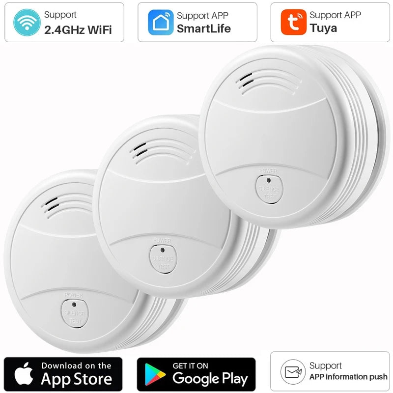 NEW Arrivals 5PCS Set TUYA App Control Wi-Fi Smoke Detector Alarm Smart Fire Protection 90dB Smoke Alarm Sensor Home Office Company Security Supplies System Smart Life APP