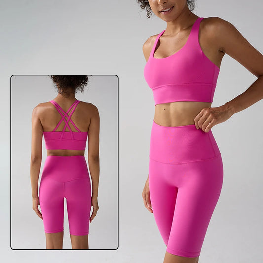 10 Colors 2 PCS Set Women's Yoga Gym Sports Clothes Set Cross Back Bra Top with High Waist Shorts Fitness Running Workout Tracksuit Female Sports Apparel Suit Clothing Supplies