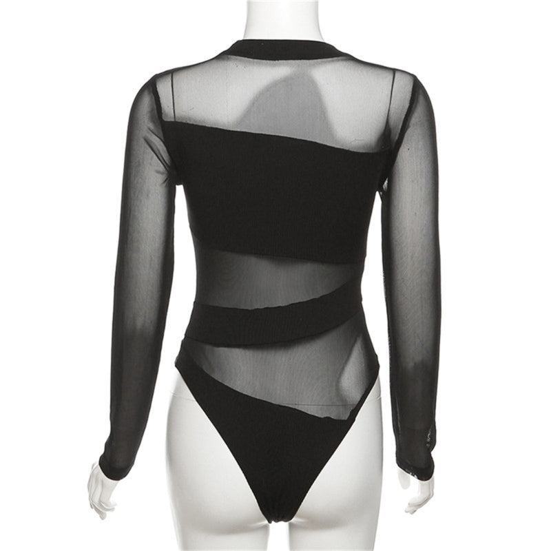 Low-Price Sales are Limited NEW Arrivals Women Female Sexy Irregular Sheer Mesh Patchwork Leotard Long Sleeve Fit Black Bodysuit Evening Rave Party Night Clubwear Jumpsuit Outfits Ladies Girls Luxury Apparel Accessories Cloth