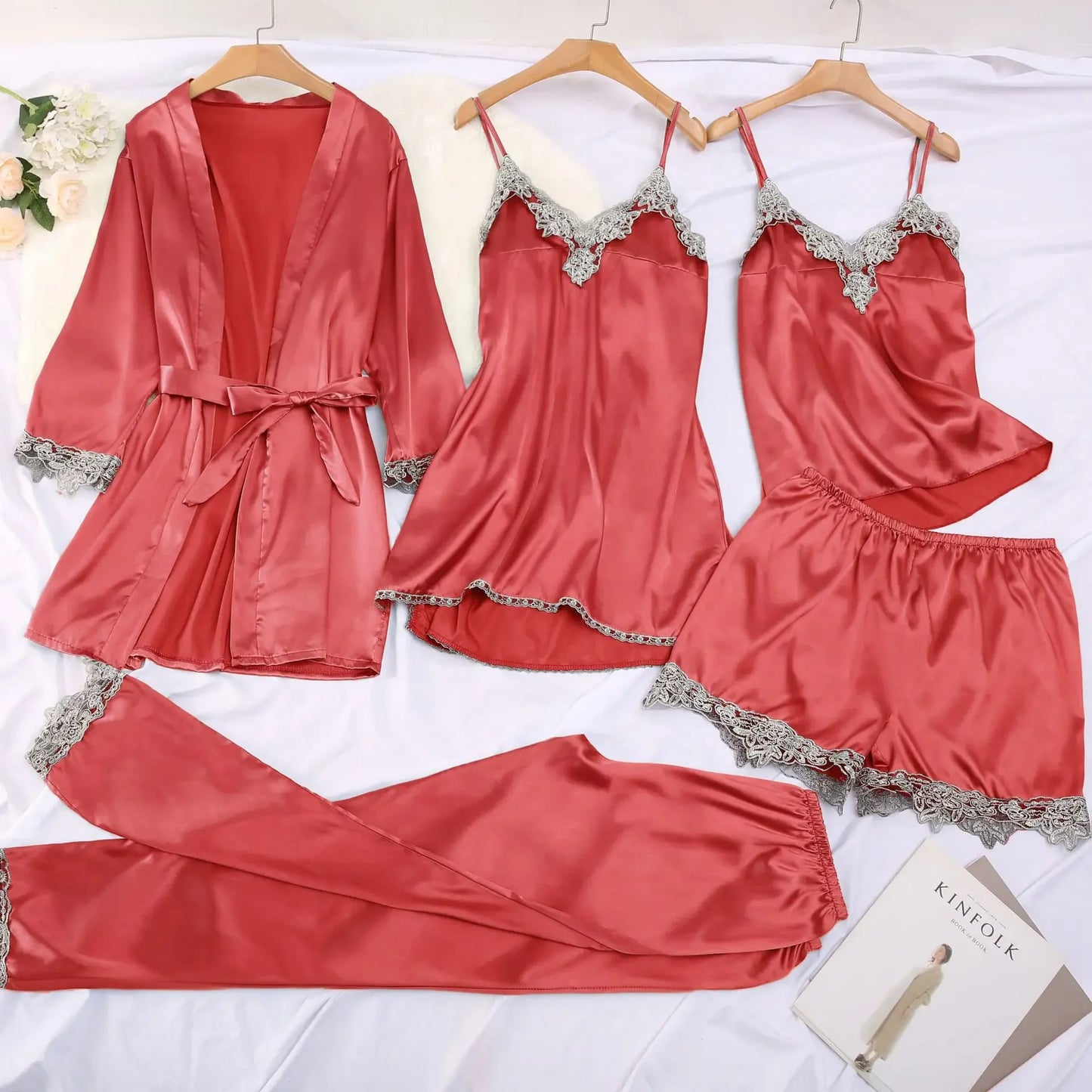 NEW Arrivals S-3XL Plus Size 5PCS Set 4 Colors Silk Feel Luxury  Pajamas Set Chubby Women's Nightgown Lingerie Sleepwear V Neck Home Clothes Fun Adult Toys And Games Ladies Sleepwear Sets