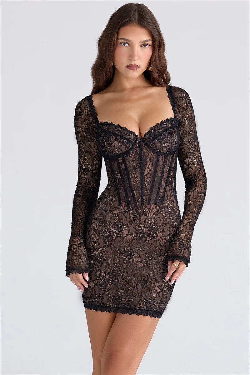 NEW UK Size Mini/Maxi Sexy Dress Lace Long Sleeve Sexy Short + Long Dress Women Elegant Square Collar Strapless Backless Split Bodycon Club Party Long Dress