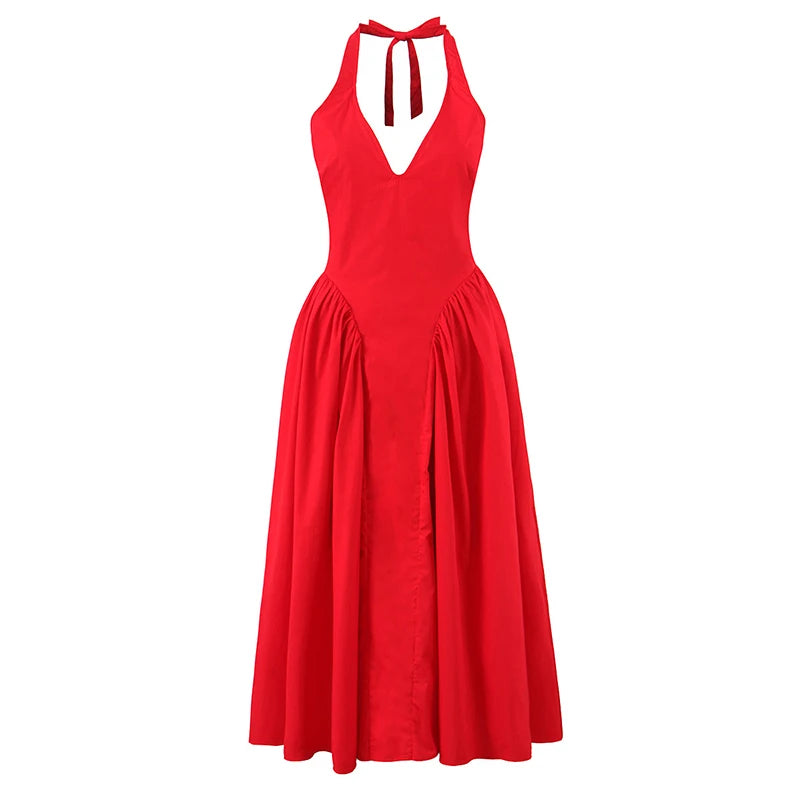 7 Colors  Sexy Backless Elegant Halter Dress For Women Low Waist A-line Midi Summer Evening Party Dresses Cotton Gowns