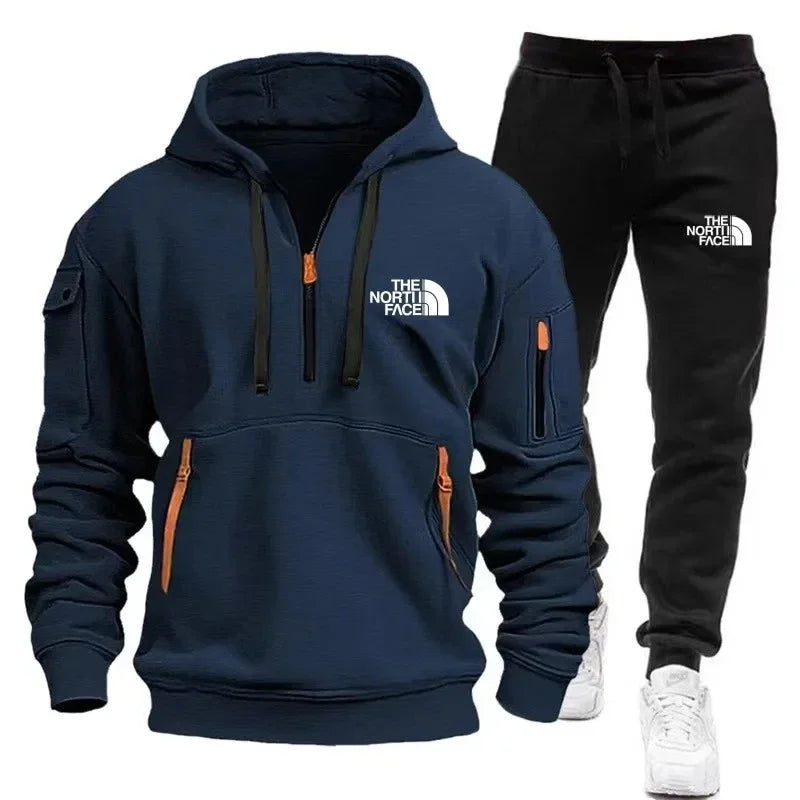 NEW Arrivals 2PCS Set S-3XL 8 Colors Autumn and Winter Men's New Multi-Pocket Zipper European Size Warm Long-Sleeved Hooded Sweatshirt + Pants Gym Fitness Suit Male Men Sports  Casual Fashion Apparel Supplies