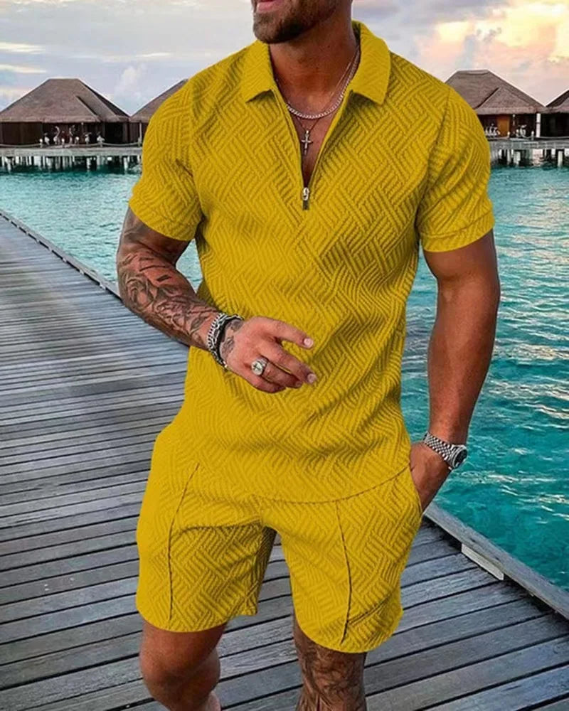 2 PCS Set S-5XL Plus Size for Curvy Men's Athletic T-Shirt Set Casual Mesh Lapel Short Sleeve Pullover Tops + Shorts  Solid Thin Sporty Suits Summer Casual Clothing Suit