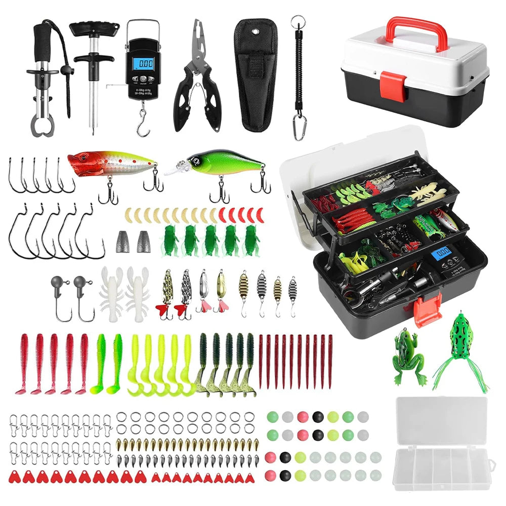 3 Layers 213 PCS Set Professional Fishing Tackle Box with Fishing Lures Kit Fishing Accessories Set Baits Hook Jig Gear Fishing Tool Case Gift