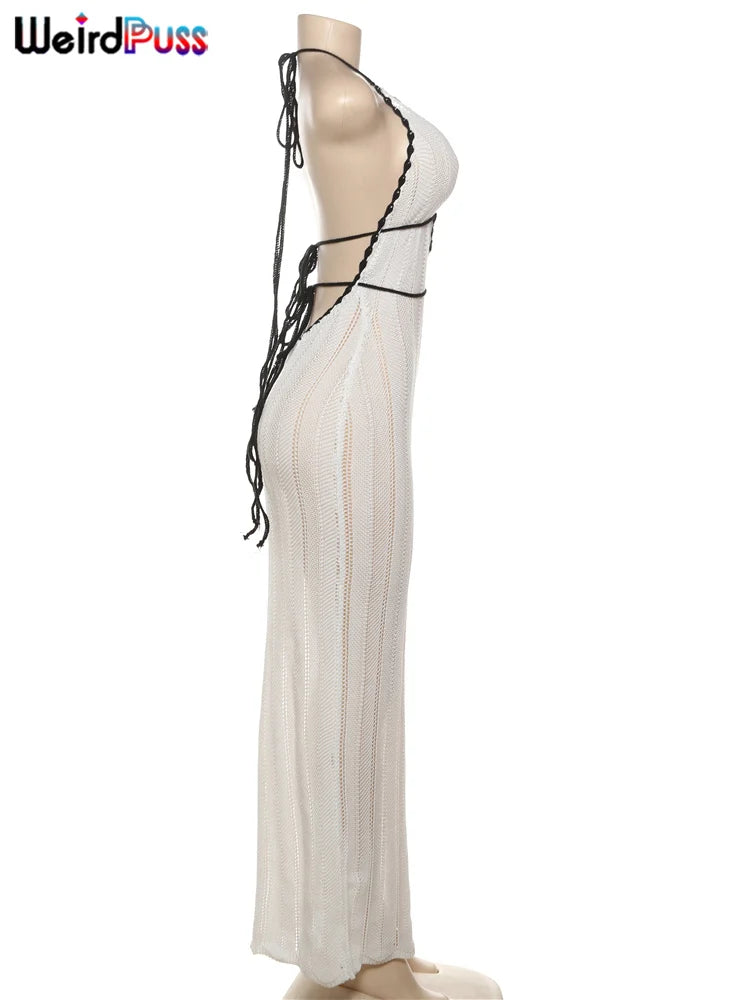 NEW Arrivals Sexy Elegant Halter Dress Women Female Summer Evening Beach Party Night Clubwear Backless Lace-Up Color-Block Sleeveless Trendy Ladies Girls Wild Fashion Clothing Supplies