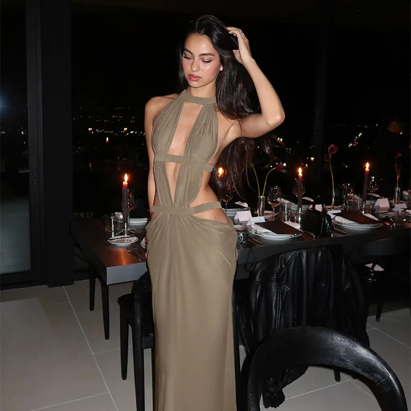 Sexy Halter Cut-Out Draped Super-Cut Back Bare Elegant Evening Party Maxi Dress Waistless Backless Sleeveless Khaki Evening Prom Long Dress