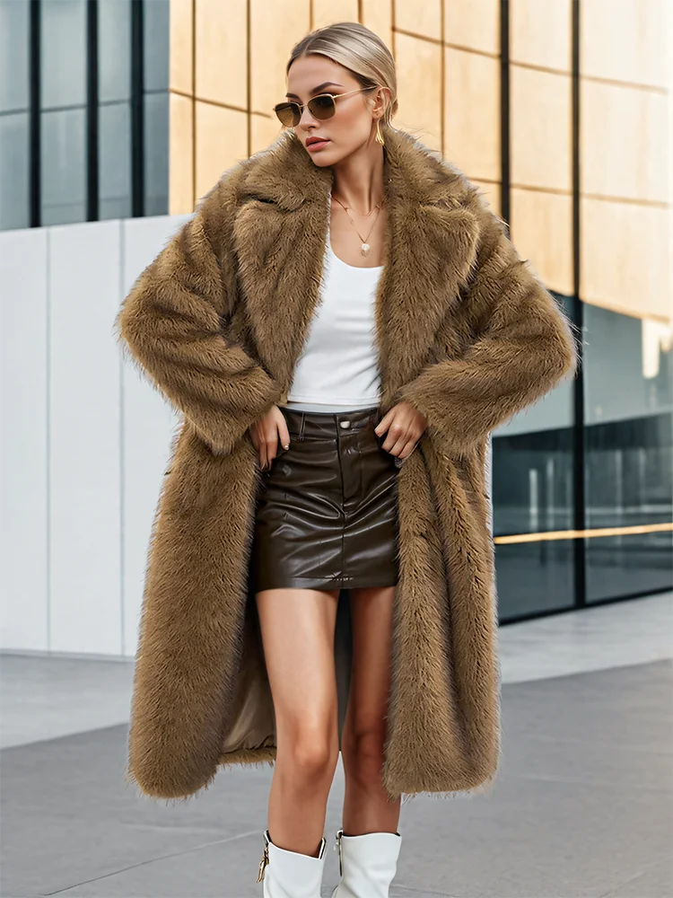 Low-Price Sales are Limited S-2XL NEW Luxury Women's Female Faux Fur Coat Lapel Loose Long Sleeve Solid Color Loose Thick Warm Camel Jackets Winter Snow Warm Outerwear Girls Ladies Winter Luxury Fashion Clothing Supplies