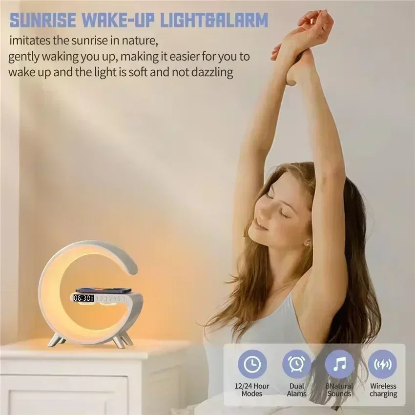 NEW Arrivals LED Smart Wake Up Light RGB Night Light with App Control, Bluetooth Speaker 15W Fast Wireless Charger Desk Lamp for Bedroom Bedside Game Room